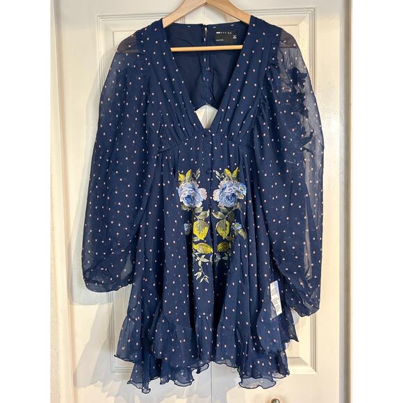Asos Design Blue Polka Dot Embroidered Flowers Dress - Picture 7 of 9